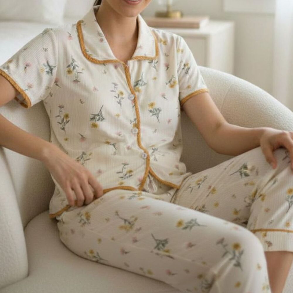 Floral Button-Front Women's Pajama Top - Cream with Yellow & Pink Flowers